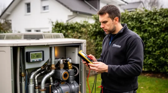 Technicien chauffagiste inspectant une pompe à chaleur extérieure avec un multimètre