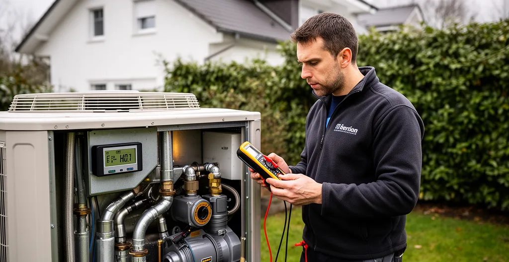 Technicien chauffagiste inspectant une pompe à chaleur extérieure avec un multimètre