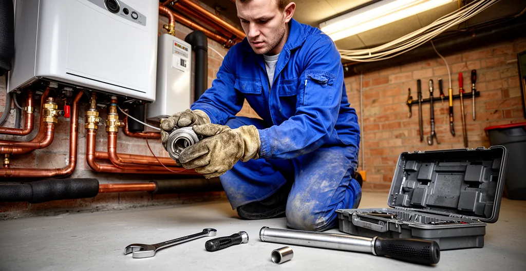 Technicien plombier chauffagiste intervenant sur une chaudière murale