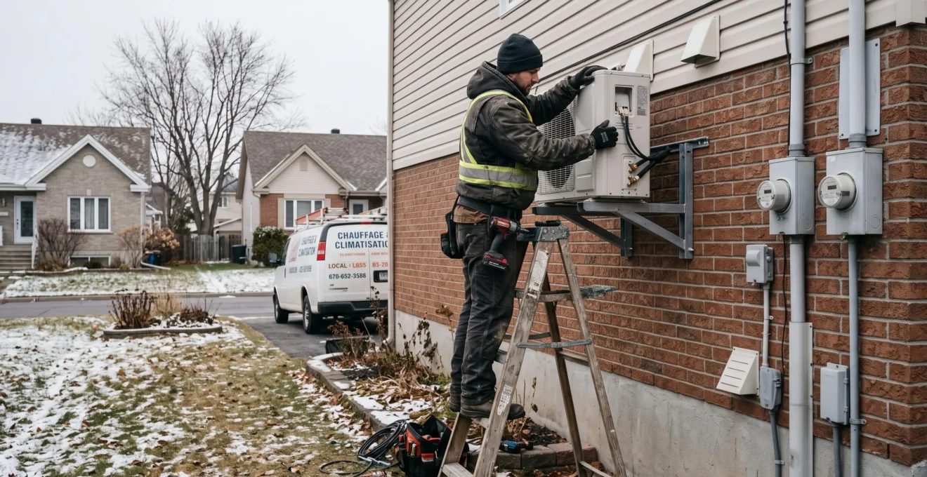 Un technicien installe une thermopompe murale sur le mur extérieur d'une maison.
